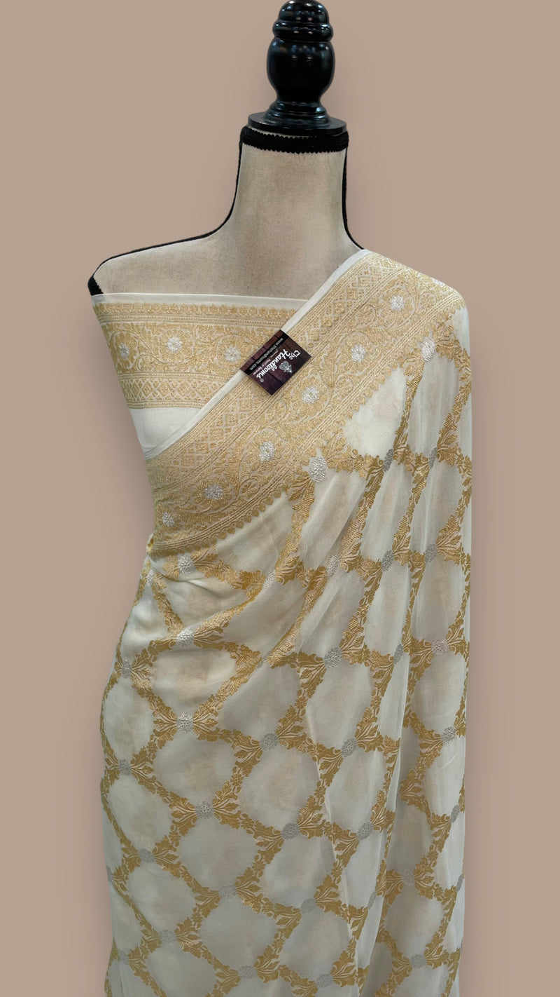 Pure Khaddi Georgette Banarasi Saree - Gold Zari Jangla - The Handlooms