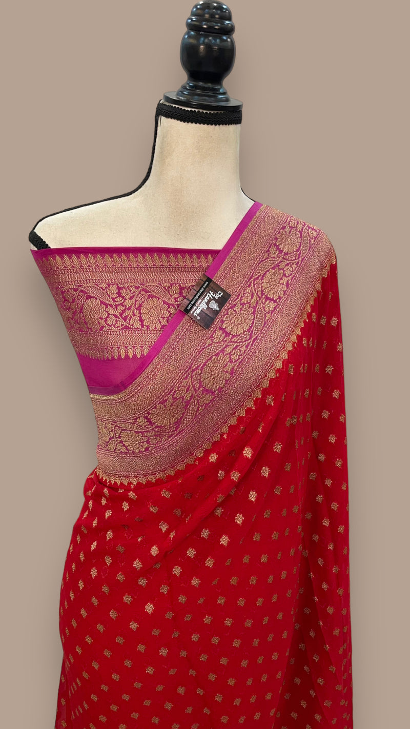 Hot Pink Pure Khaddi Georgette Banarasi Saree - The Handlooms