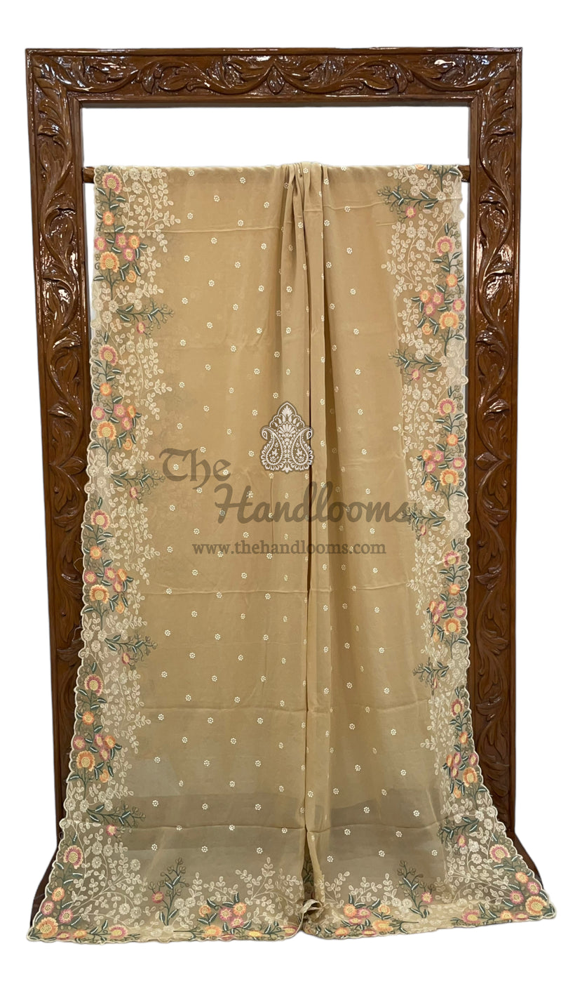 Cream Pure Georgette Chikankari Handloom Banarasi Saree - The Handlooms