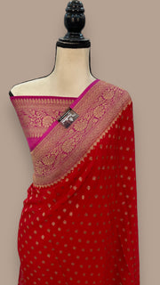 Hot Pink Pure Khaddi Georgette Banarasi Saree - The Handlooms