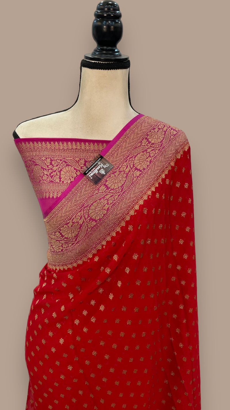 Hot Pink Pure Khaddi Georgette Banarasi Saree - The Handlooms