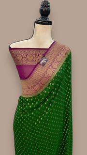 Green Pure Khaddi Georgette Banarasi Saree - Antique zari - The Handlooms