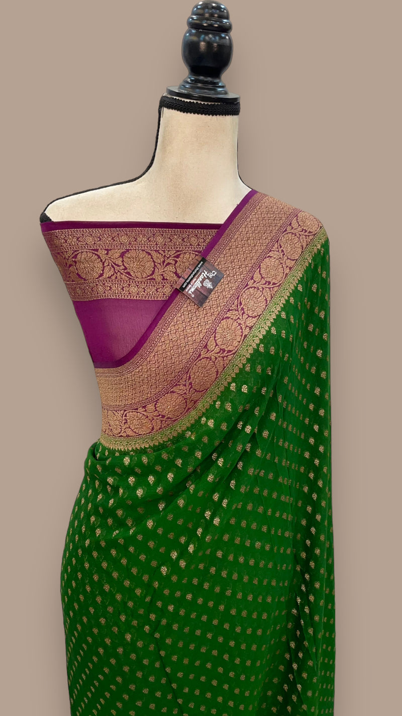 Green Pure Khaddi Georgette Banarasi Saree - Antique zari - The Handlooms