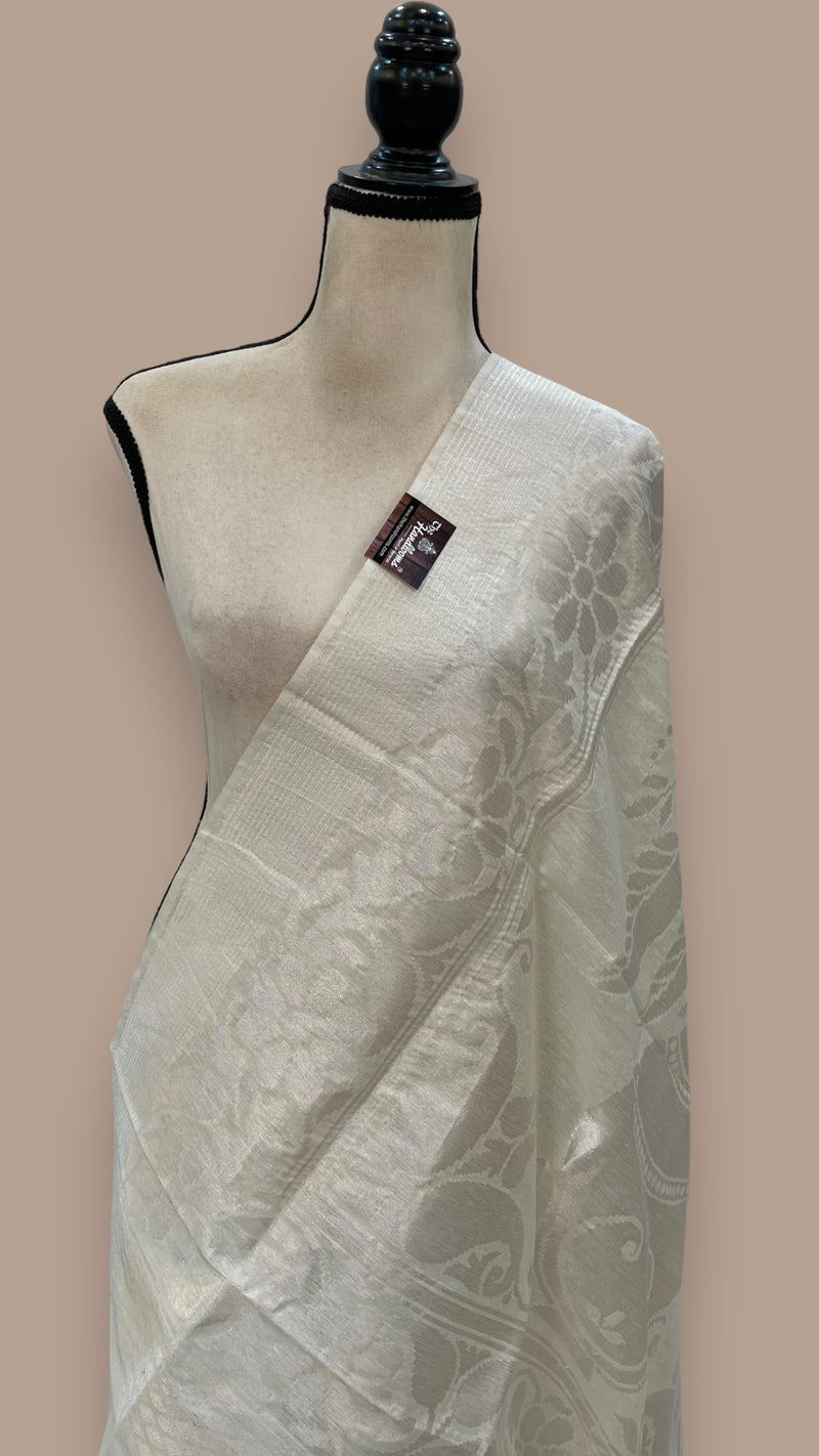 Pure Moonga  handloom Dupatta Silver Zari - The Handlooms