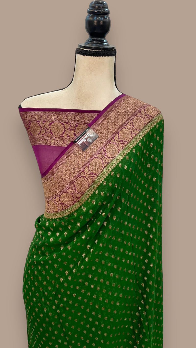 Green Pure Khaddi Georgette Banarasi Saree - Antique zari - The Handlooms