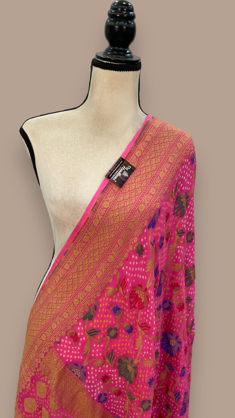 Pure Georgette Banarasi Bandhej Handloom Dupatta With Meenakari - The Handlooms