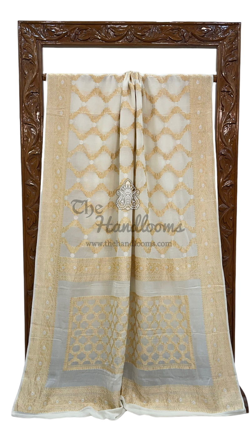 Pure Khaddi Georgette Banarasi Saree - Gold Zari Jangla - The Handlooms