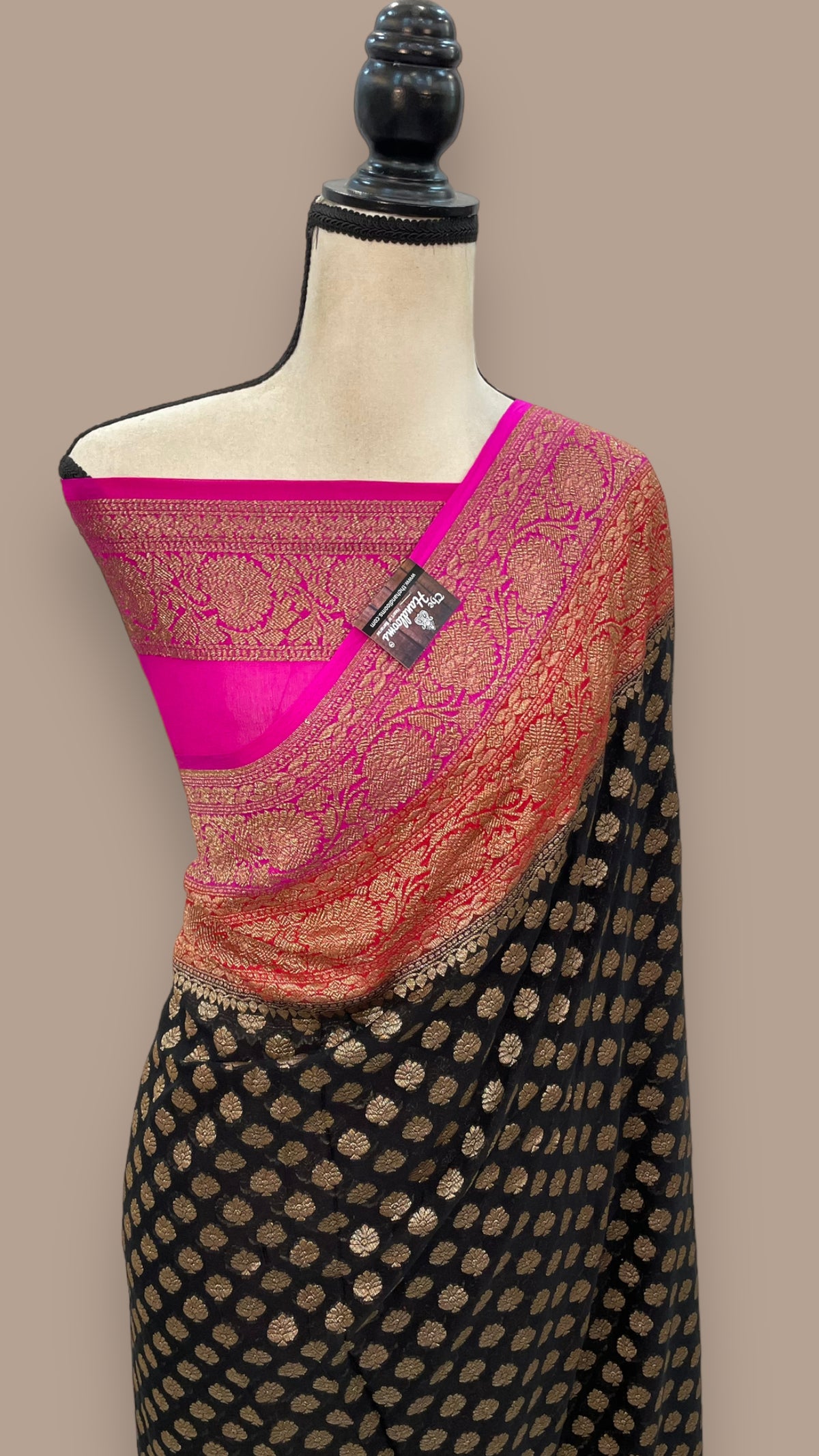 Beige Khaddi Georgette Pure Banarasi Saree With Navy Blue Silver Zari Border main image 0