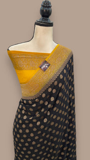Black Pure Khaddi Georgette Handloom Banarasi Saree - The Handlooms