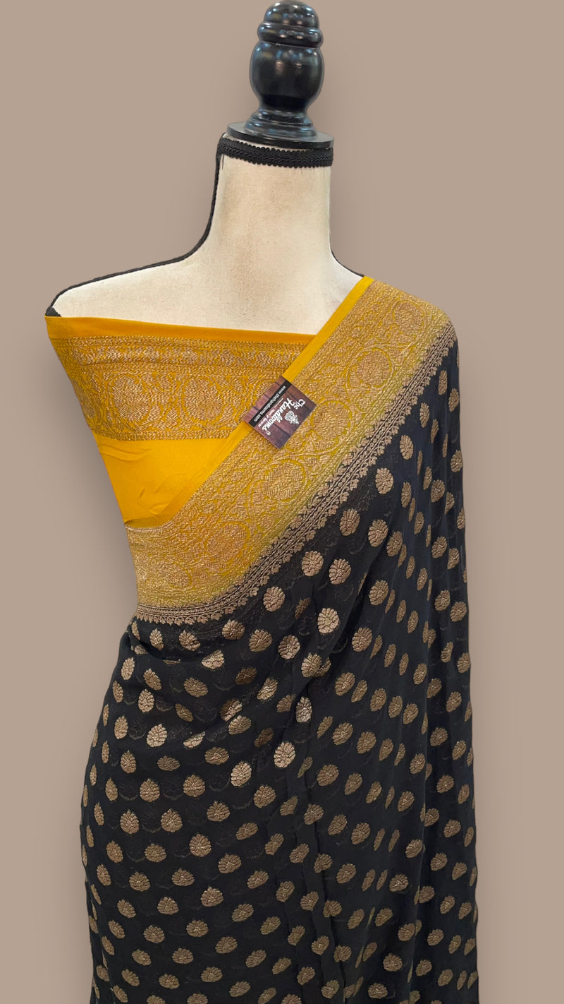 Black Pure Khaddi Georgette Handloom Banarasi Saree - The Handlooms