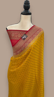 Mustard Yellow Pure Khaddi Georgette Handloom Banarasi Saree - The Handlooms