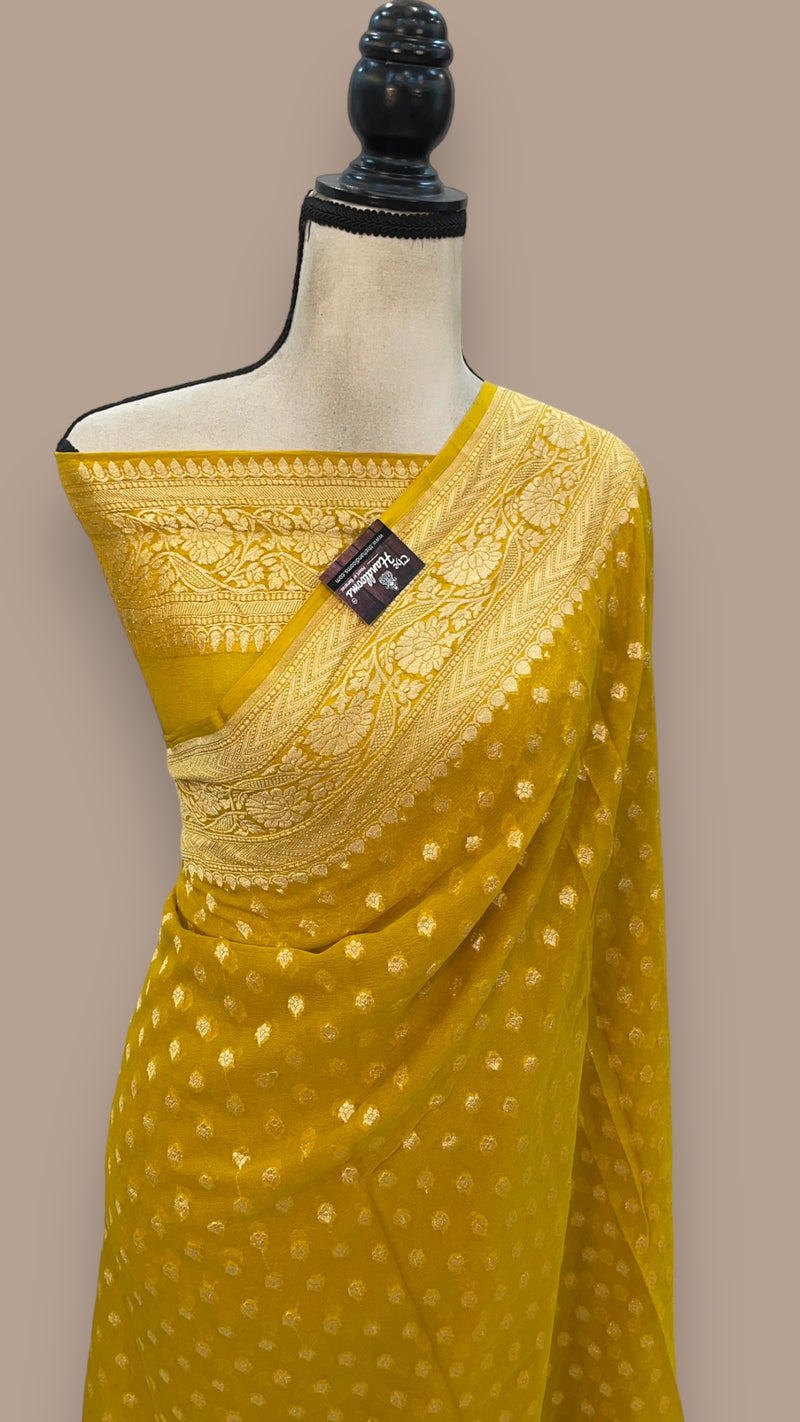 Mustard Yellow Pure Khaddi Georgette Handloom Banarasi Saree - The Handlooms