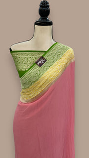 Strawberry Pink Pure Khaddi Georgette Handloom Banarasi Saree - The Handlooms