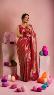 Hot Pink Pure Katan Silk Banarasi Handloom Saree - Tanchui Brocade - The Handlooms