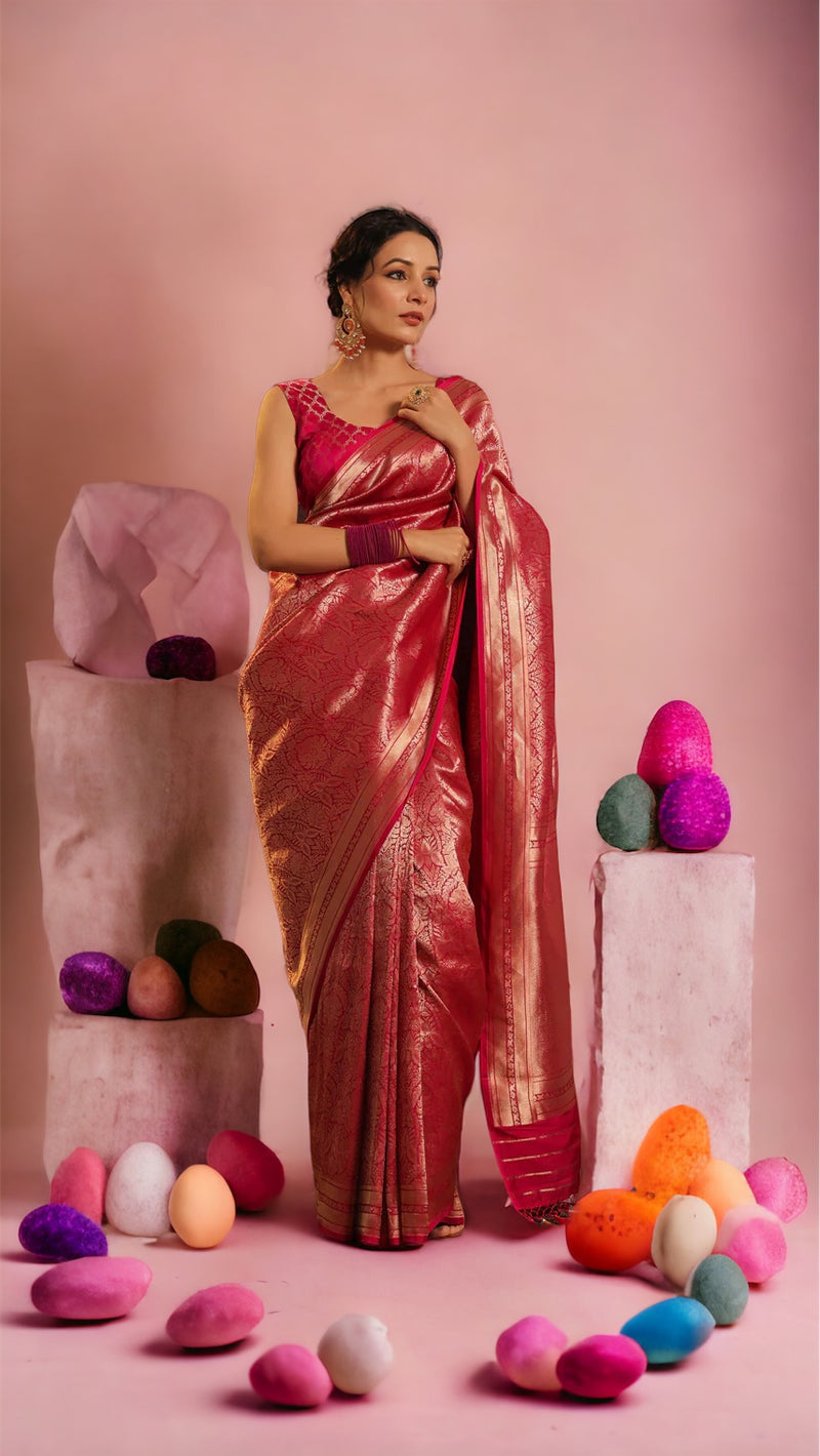 Hot Pink Pure Katan Silk Banarasi Handloom Saree - Tanchui Brocade - The Handlooms