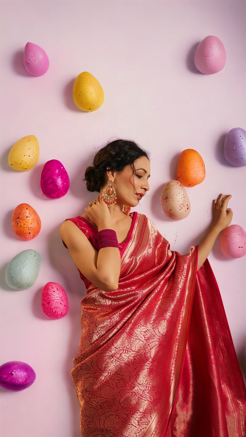 Hot Pink Pure Katan Silk Banarasi Handloom Saree - Tanchui Brocade - The Handlooms