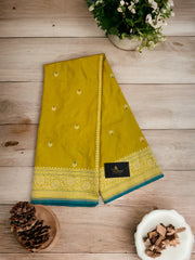 Yellow Pure Katan Silk Banarasi Handloom Saree - All over meenakari Kadua motifs - The Handlooms