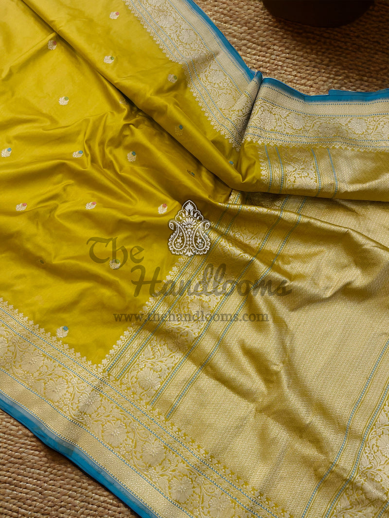 Yellow Pure Katan Silk Banarasi Handloom Saree - All over meenakari Kadua motifs - The Handlooms