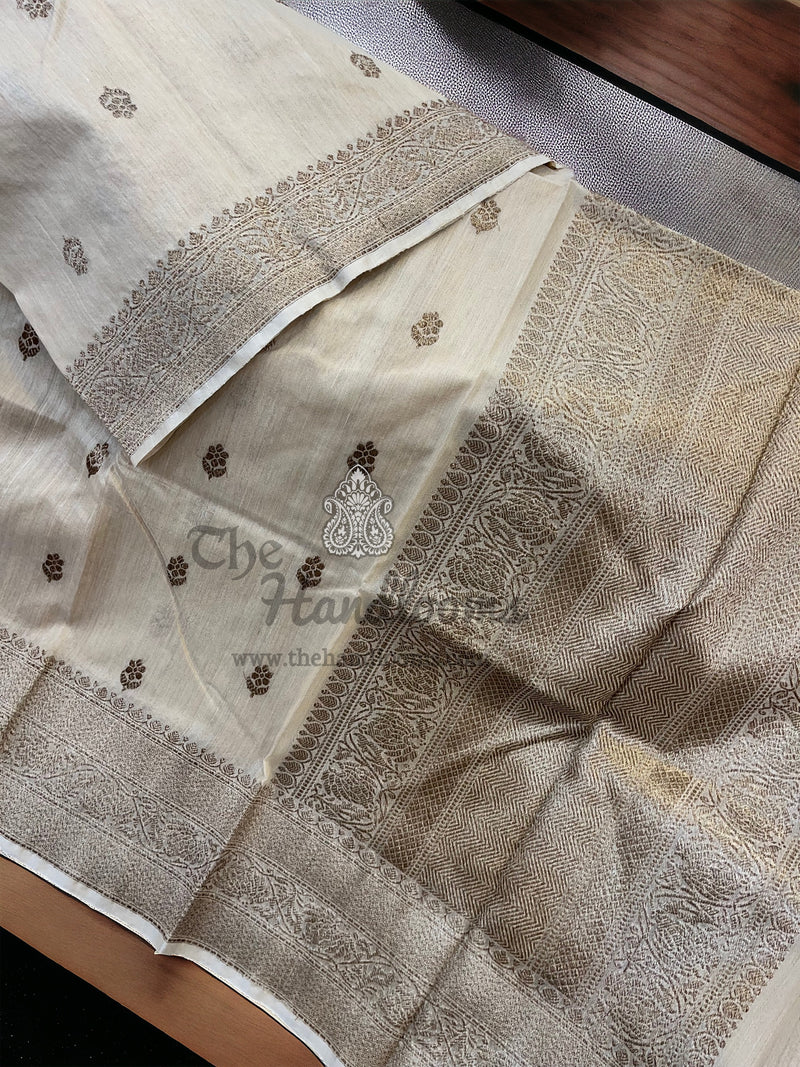 Pure Tussar Silk Handloom Banarasi Saree with all over antique zari kadua motifs - The Handlooms