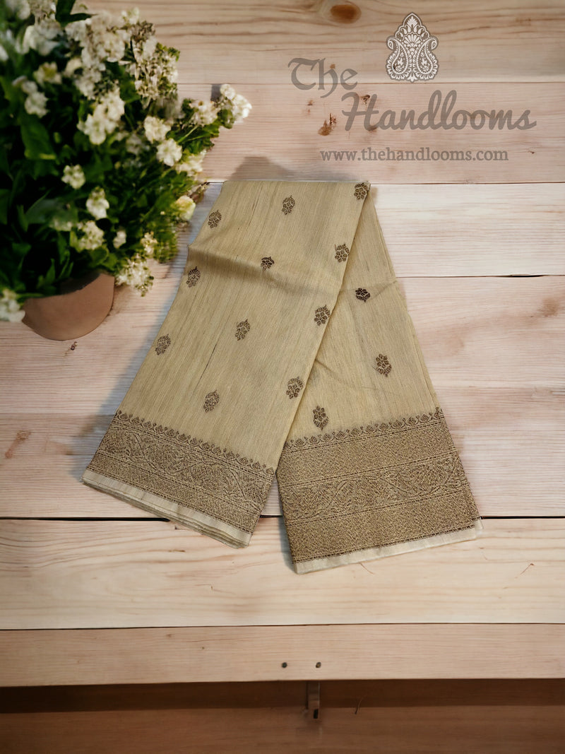 Pure Tussar Silk Handloom Banarasi Saree with all over antique zari kadua motifs - The Handlooms