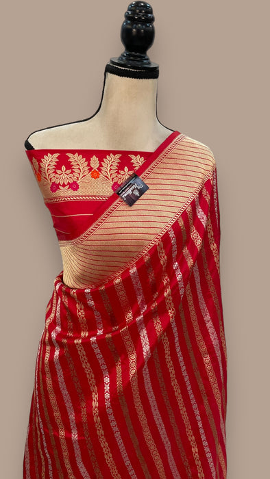 Red Pure Katan Silk Banarasi Handloom Saree - All over soona roopa  Kadua stripe