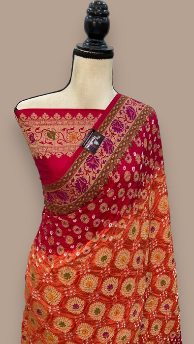 Pure Dupion Silk Bandhej Banarasi Saree - Meenakari