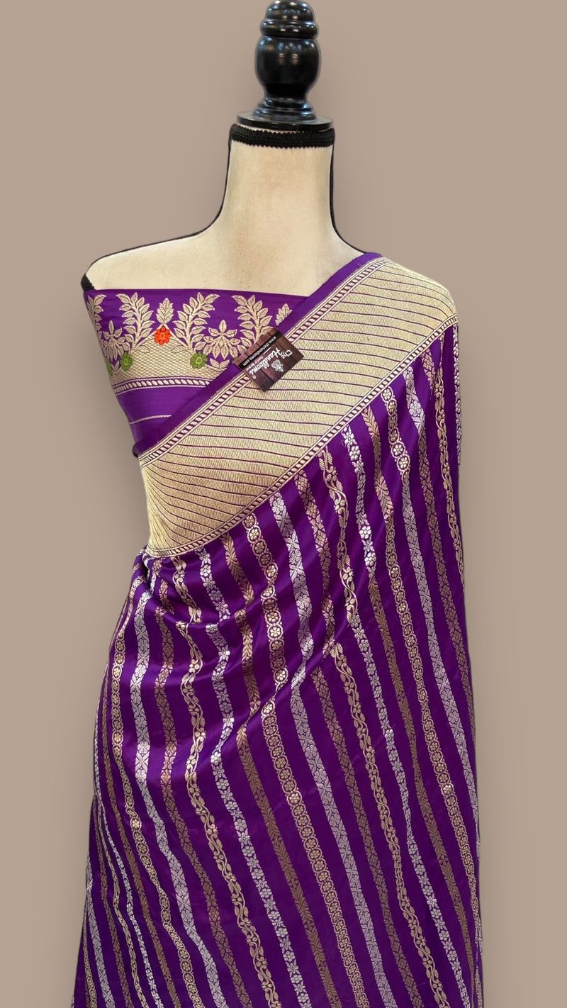 Pure Katan Silk Banarasi Handloom Saree - All over soona roopa  Kadua stripe - The Handlooms