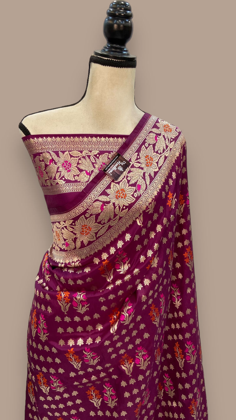 Wine Pure Katan Silk Banarasi Handloom Saree - All over Jaal work - With Meenakari - The Handlooms