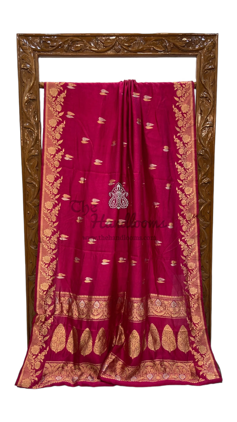 Dark Pink Pure Katan Silk Banarasi Handloom Saree - All over Kadua motifs - The Handlooms