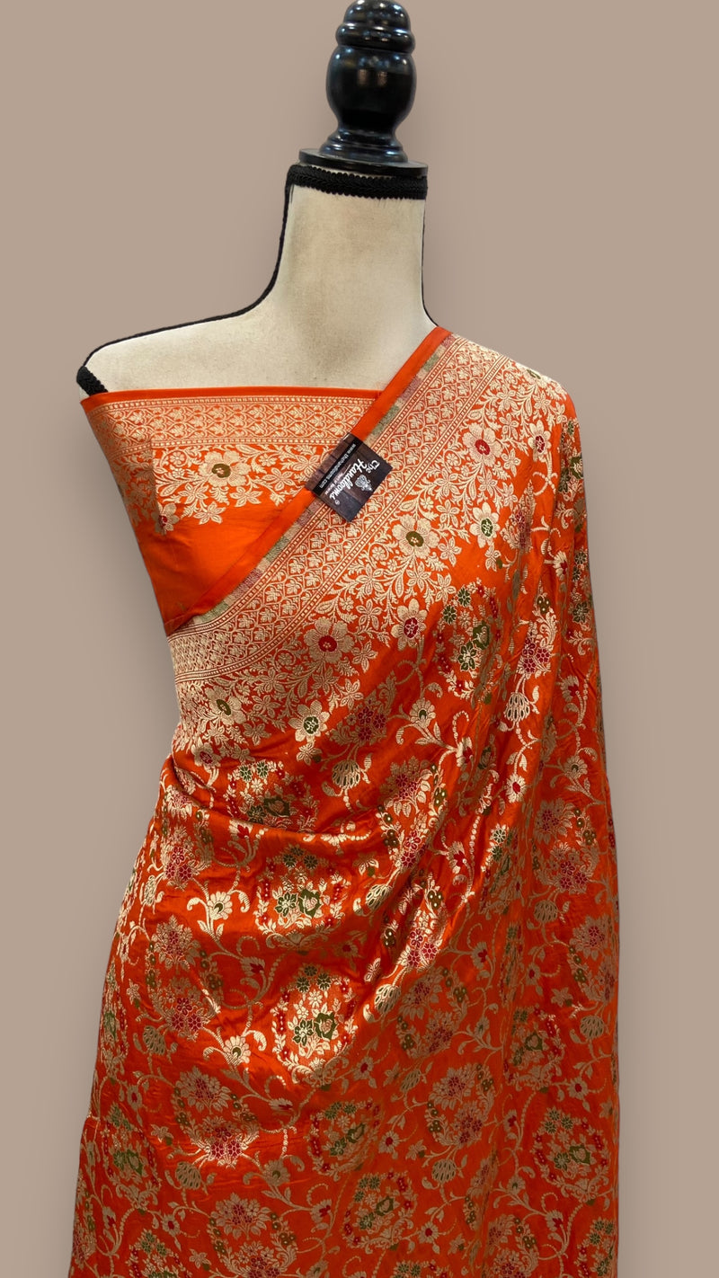 Orange Pure Katan Silk Banarasi Handloom Saree - All over Jaal work - With Meenakari - The Handlooms