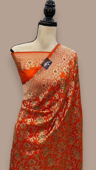 Orange Pure Katan Silk Banarasi Handloom Saree - All over Jaal work - With Meenakari