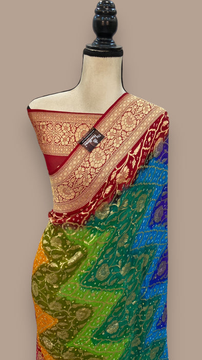 Pure Georgette Banarasi Bandhej Handloom Saree Multi shade