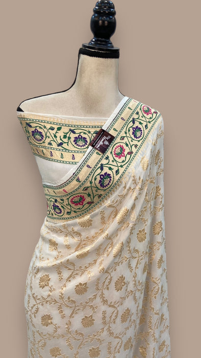 Pure Georgette Banarasi Handloom Saree - with meenakari work Gold Zari