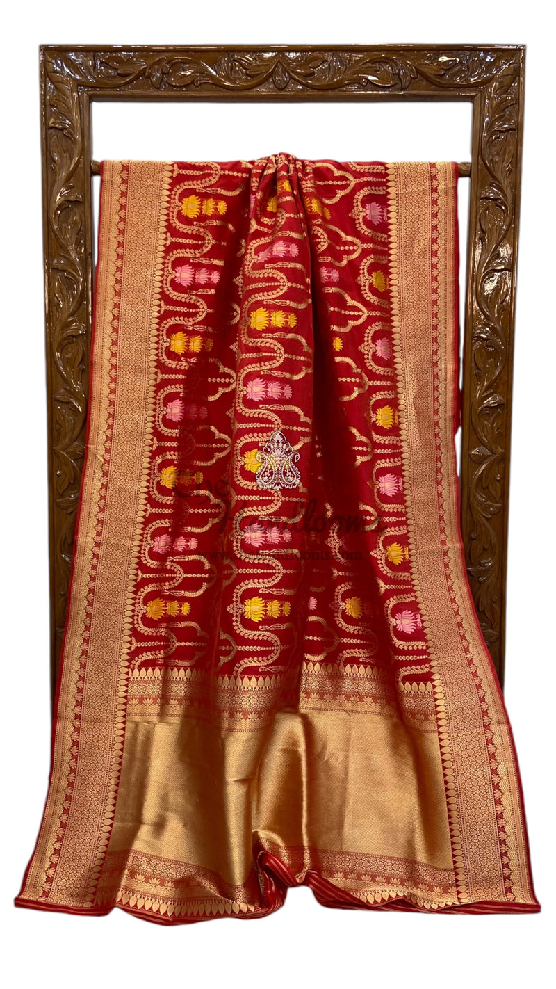 Red Pure Katan Silk Banarasi Handloom Saree - All over kadiyal Jaal work With Meenakari - The Handlooms
