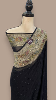 Black Khaddi Georgette Handloom Banarasi Saree with Handwork: Gota Patti, Zardozi, Diamond Chain, Katdana, and Abla Detailing - The Handlooms