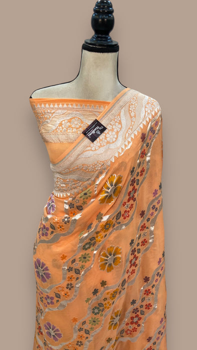 Pure Khaddi Georgette Handloom Banarasi Saree - All over Jaal Work With Meenakari