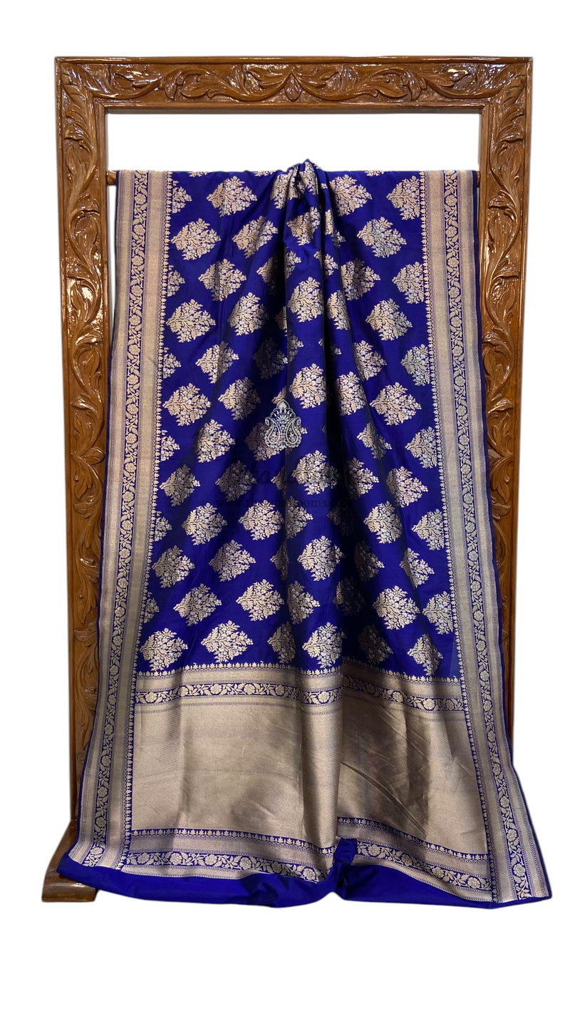 Blue Pure Katan Silk Banarasi Handloom Saree - All over Sona Roopa Jaal work - The Handlooms