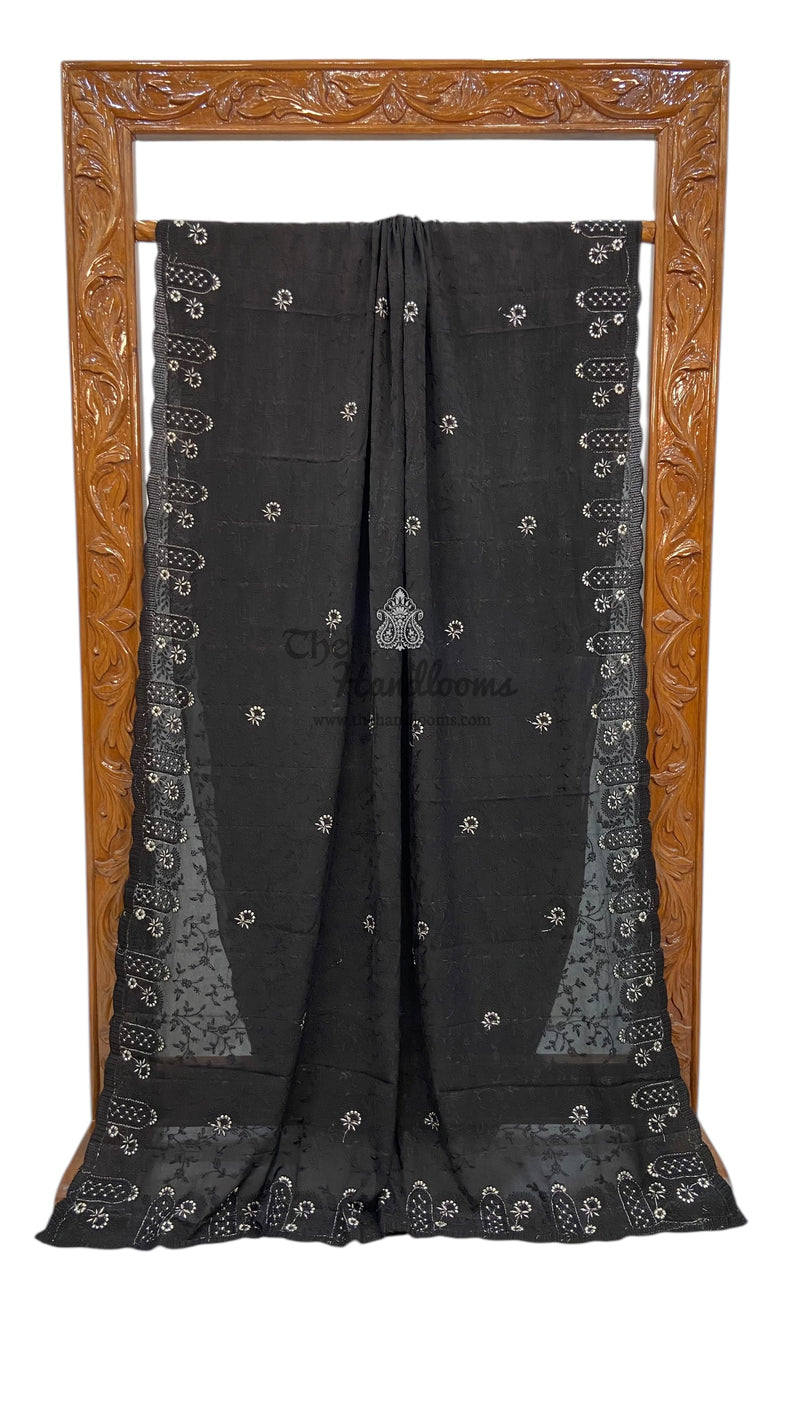 Pure Georgette Chikankari Handloom Banarasi Saree - The Handlooms