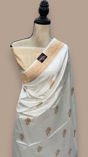 White Pure Katan Silk Banarasi Handloom Saree - All over Kadua motifs - The Handlooms