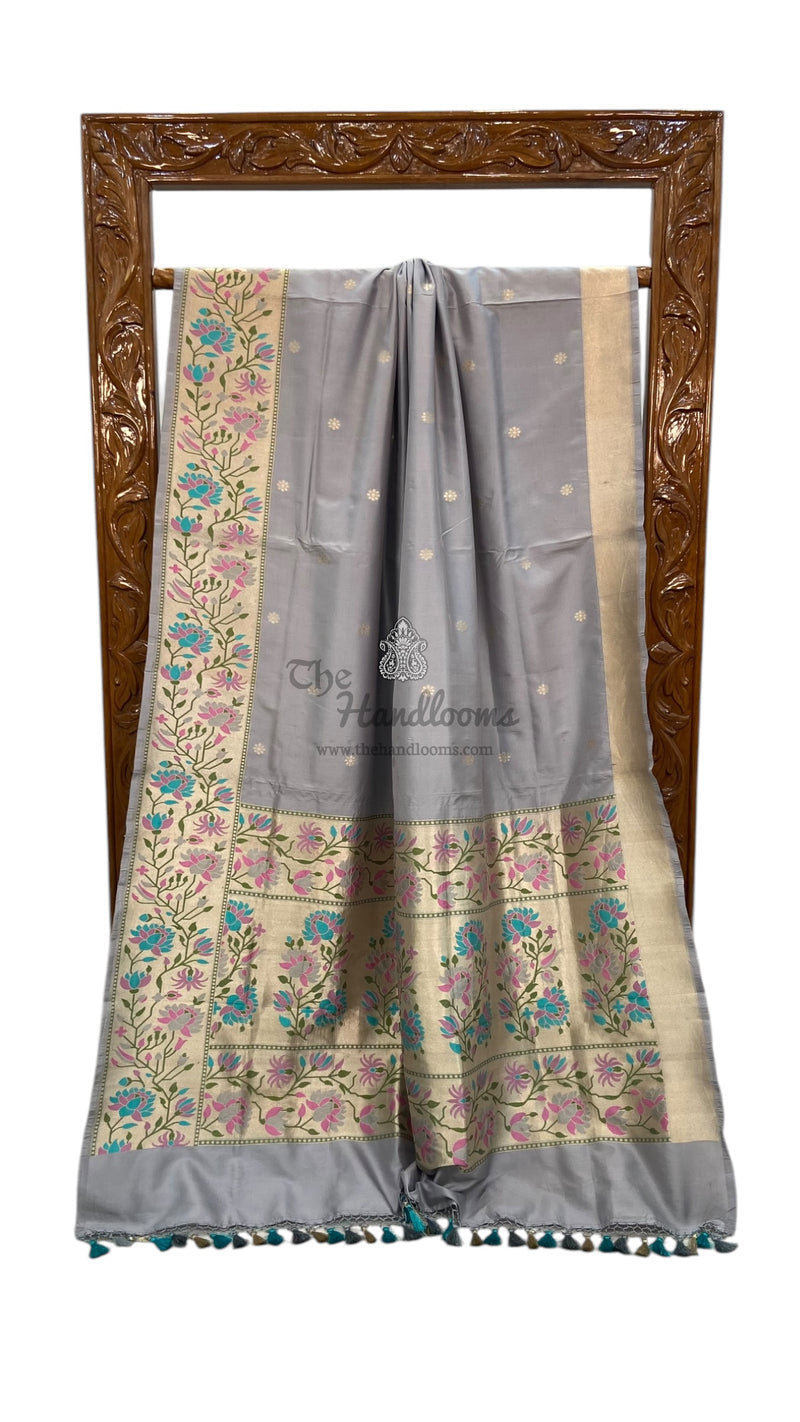 Pure Katan Silk Banarasi Handloom Saree - All over Sona Roopa Kadua motifs - The Handlooms
