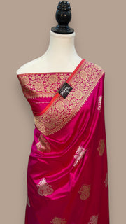 Hot Pink Pure Katan Silk Banarasi Handloom Saree - All over Sona Roopa Kadua motifs - The Handlooms