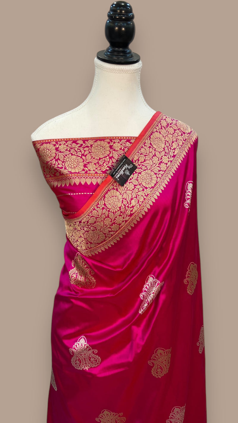 Hot Pink Pure Katan Silk Banarasi Handloom Saree - All over Sona Roopa Kadua motifs - The Handlooms