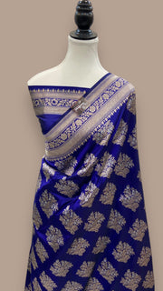 Blue Pure Katan Silk Banarasi Handloom Saree - All over Sona Roopa Jaal work - The Handlooms