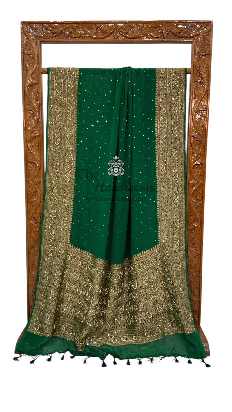 Khaddi Georgette Handloom Banarasi Saree with Handwork: Gota Patti, Zardozi, Diamond Chain, Katdana, and Abla Detailing - The Handlooms
