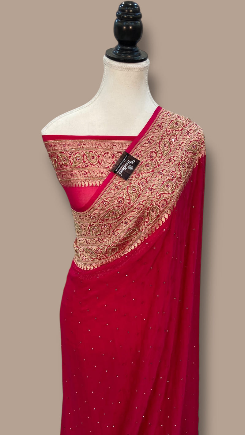 Hot-Pink Khaddi Georgette Handloom Banarasi Saree with Handwork:Katdana, Moti and Abla Detailing - The Handlooms