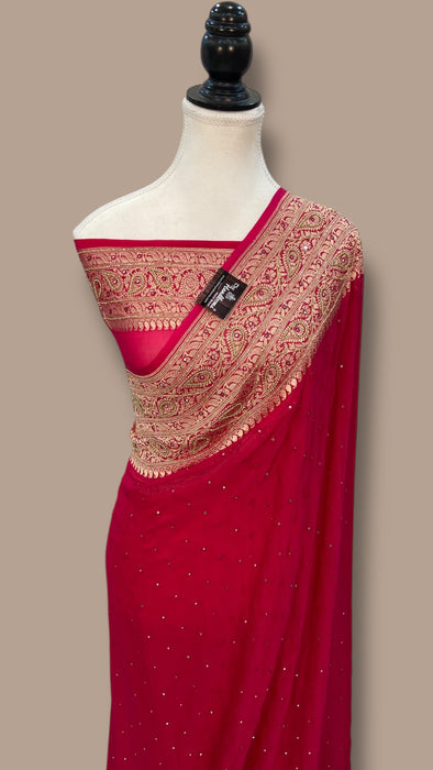 Khaddi Georgette Handloom Banarasi Saree with Handwork:Katdana, Moti and Abla Detailing