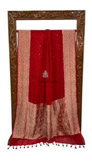 Red Khaddi Georgette Handloom Banarasi Saree with Handwork:Zardozi, Diamond Chain, Katdana, and Abla Detailing - The Handlooms
