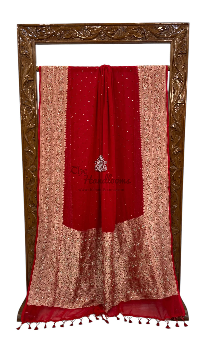 Red Khaddi Georgette Handloom Banarasi Saree with Handwork:Zardozi, Diamond Chain, Katdana, and Abla Detailing - The Handlooms