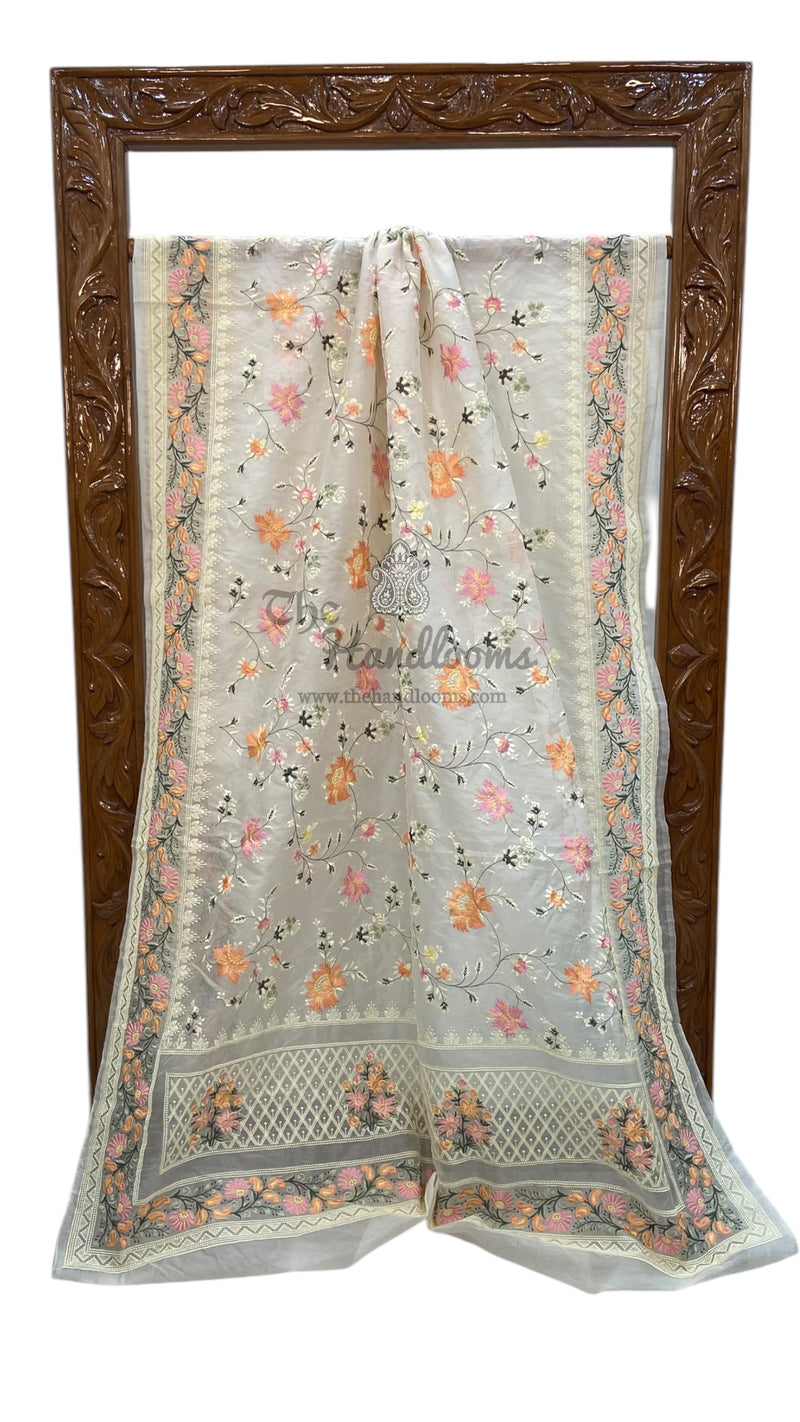 White Pure Organza Chikankari Handloom Banarasi Saree - The Handlooms