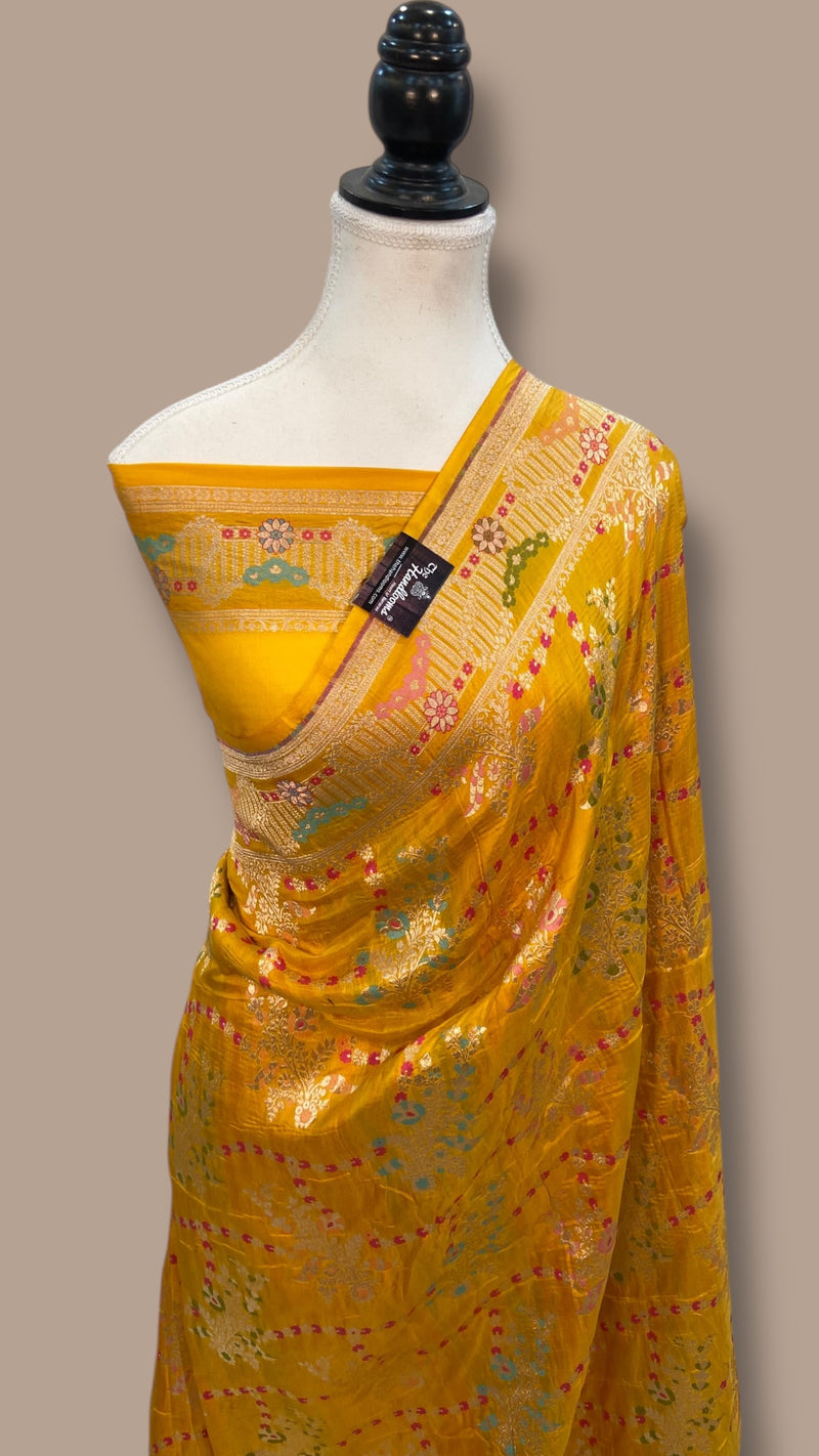Mustard Pure Katan Silk Banarasi Handloom Saree - All over Jaal Work With Meenakari - The Handlooms